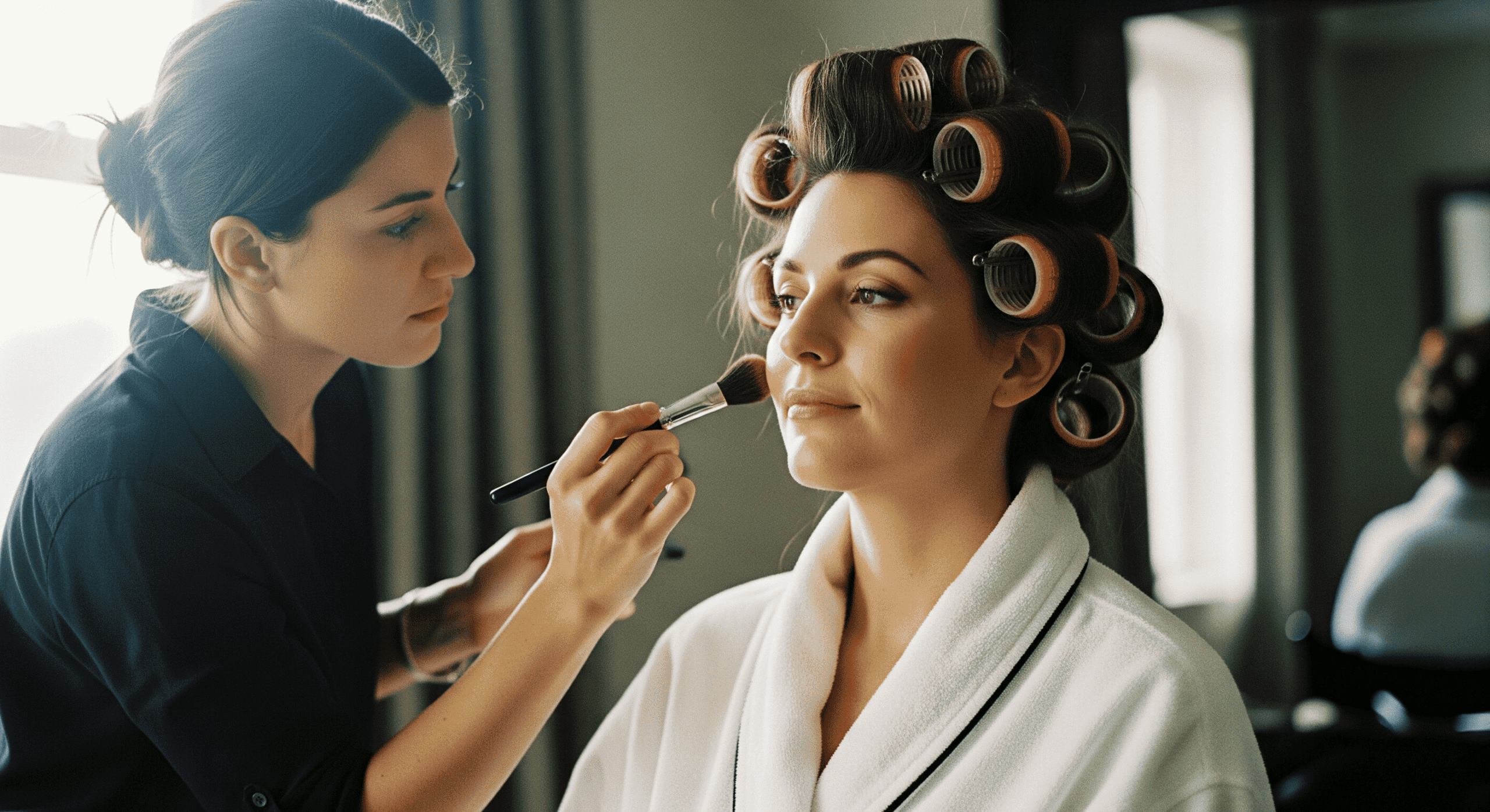عکس صمیمی از آماده‌سازی عروس/مدل: آرایشگر حرفه‌ای در حال گریم زن با بیگودی، در محیطی آرام با نور طبیعی. خدمات زیبایی و آرایش عروس در خانه.