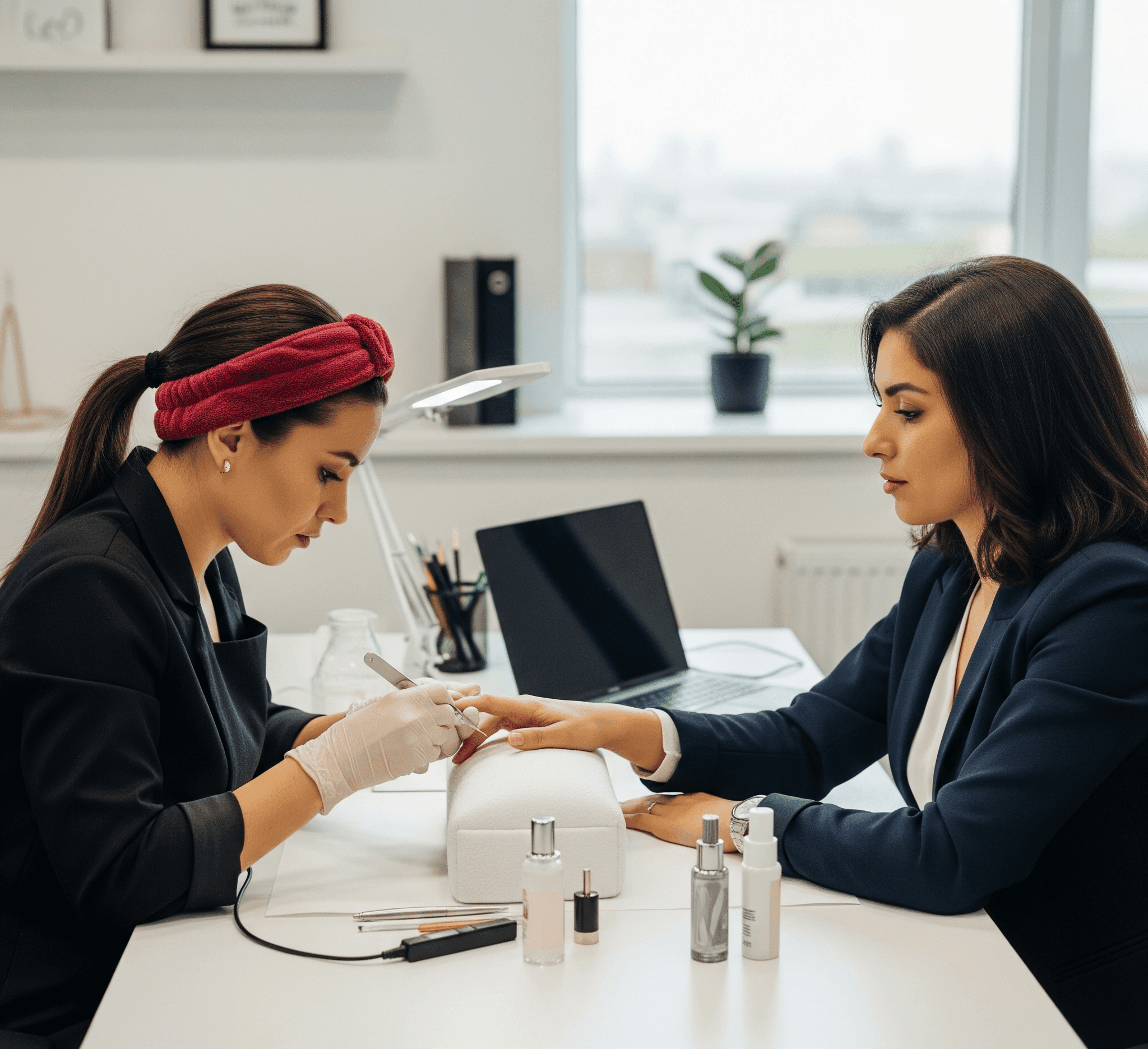 زنی شاغل، آراسته و خوش‌حال (مثلاً با لپ‌تاپ در حال کاره و یه آرایشگر داره به مو یا ناخنش می‌رسه)