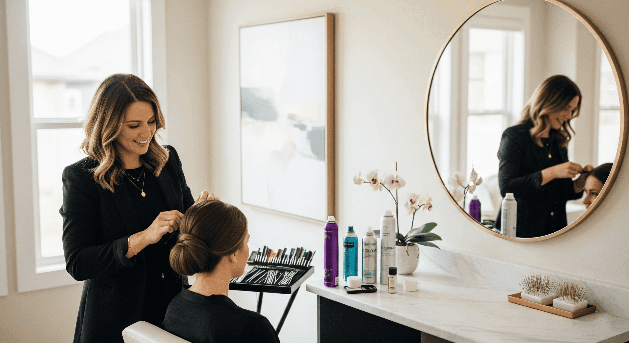 آرایشگر زن در حال انجام شینیون مو برای مشتری در فضای صمیمی خانه، با تمرکز کامل روی جزئیات و استفاده از ابزارهای حرفه‌ای