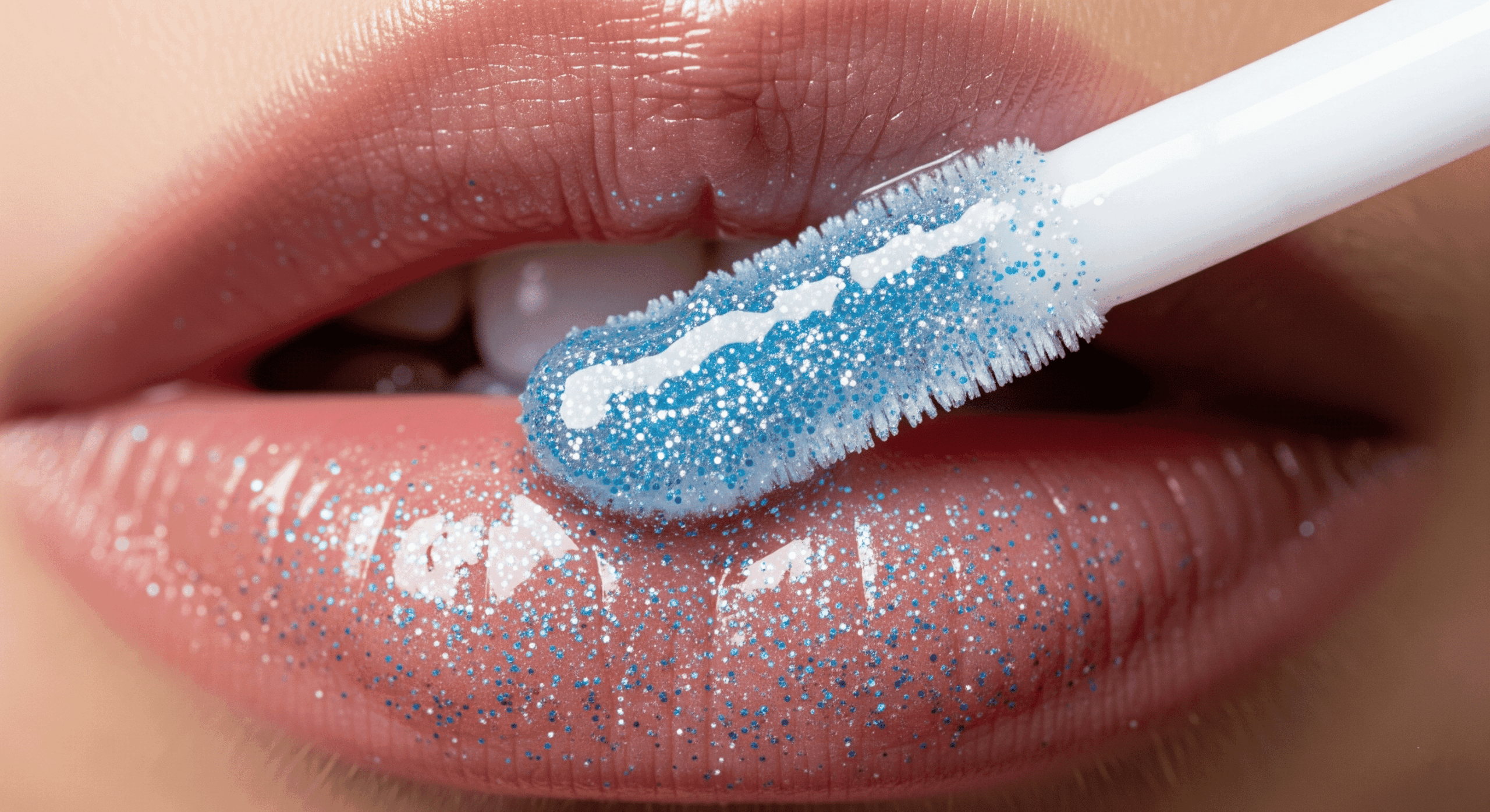 کلوزآپ از لب‌های براق که با اپلیکاتور، برق لب آبی یخی اکلیلی روی آن زده می‌شود